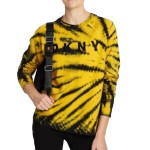 DKNY Sport Logo Sweatshirt Small Yellow Black Tie-Dye Cotton Pullover NWT